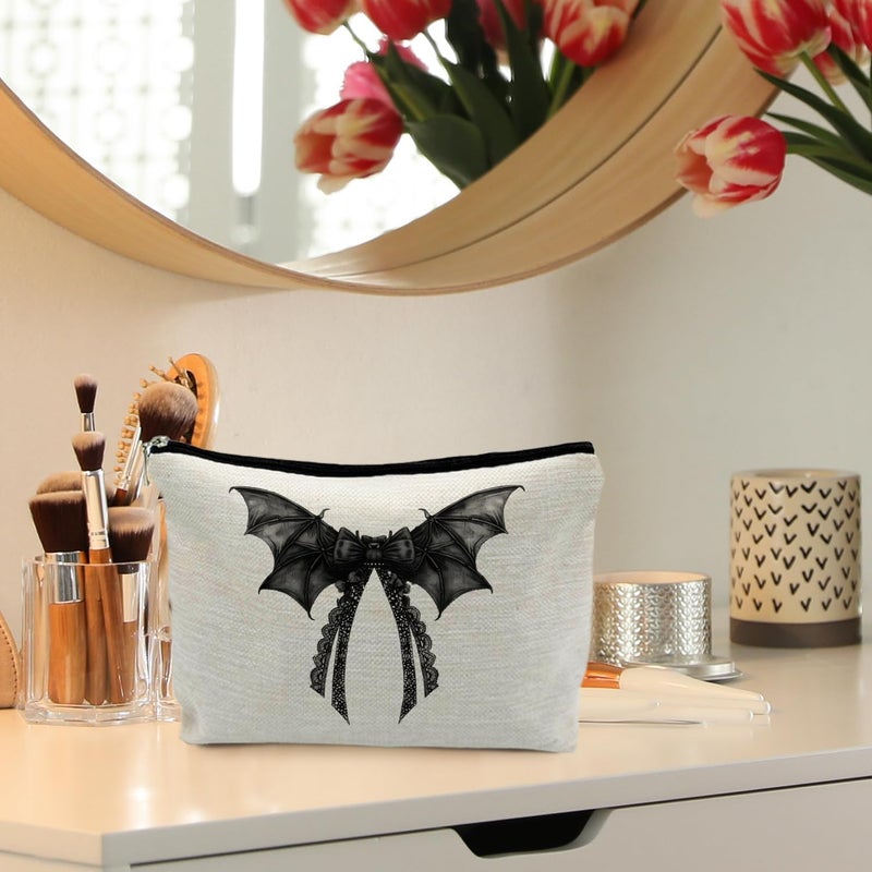 RYYCDOI Halloween Coquette Lace Bow Bat Cosmetic Bag - Gothic Black, Girly Makeup Pouch - Image 2